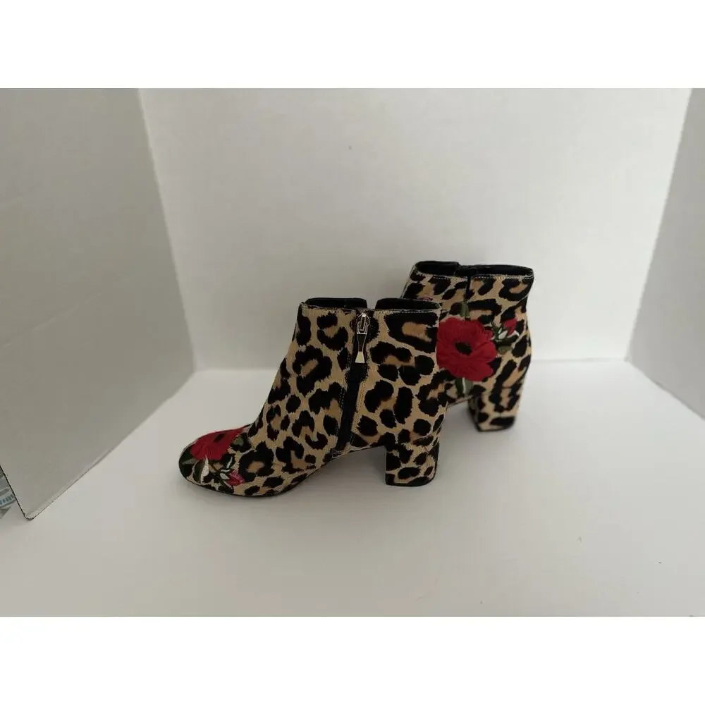 KATE SPADE LEOPARD CALIF HAIR BOOTIES WITH ROSE EMBROIDERED DETAIL, SIZE 6M